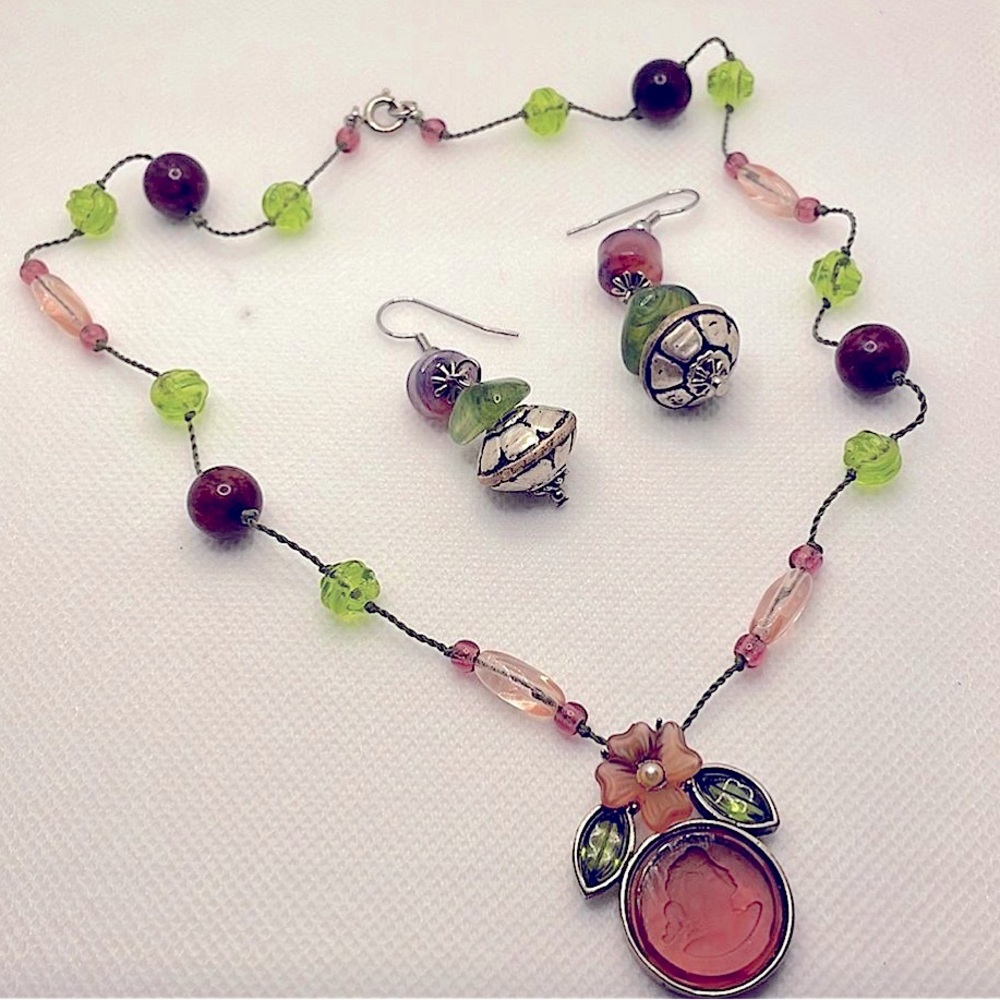 Vintage Extasia necklace signed Rose glass Bavarian Intaglio pendant, earrings